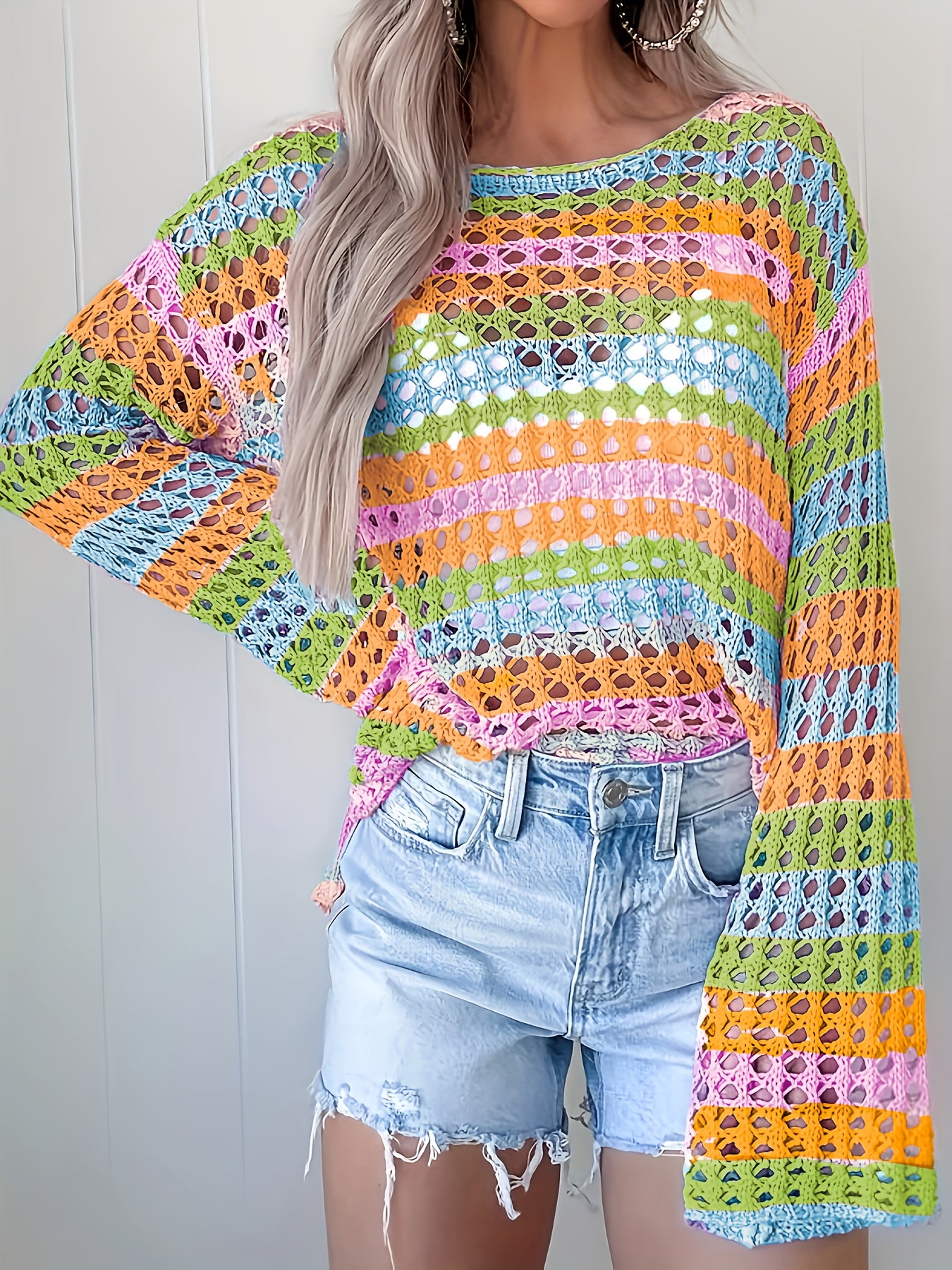 Women's Bohemian One-Shoulder Crochet Cover-Up - Lightweight Lace- Beach Top with Color-Block Design, Short Front & Long Back, Multi-Color Pastel Shades for Spring/Summer Vacation Poolside Casual Wear, Curve Beachwear